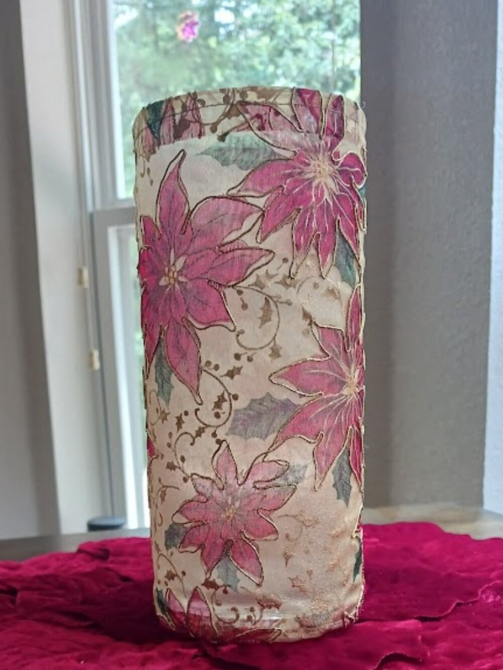 Holiday Glass Vase/Candle Holder Fairy Lights wrapped in Poinsettia Fabric